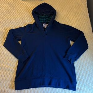 LANDS END Navy Blue Pullover Hoodie w/ Plaid Hood - M